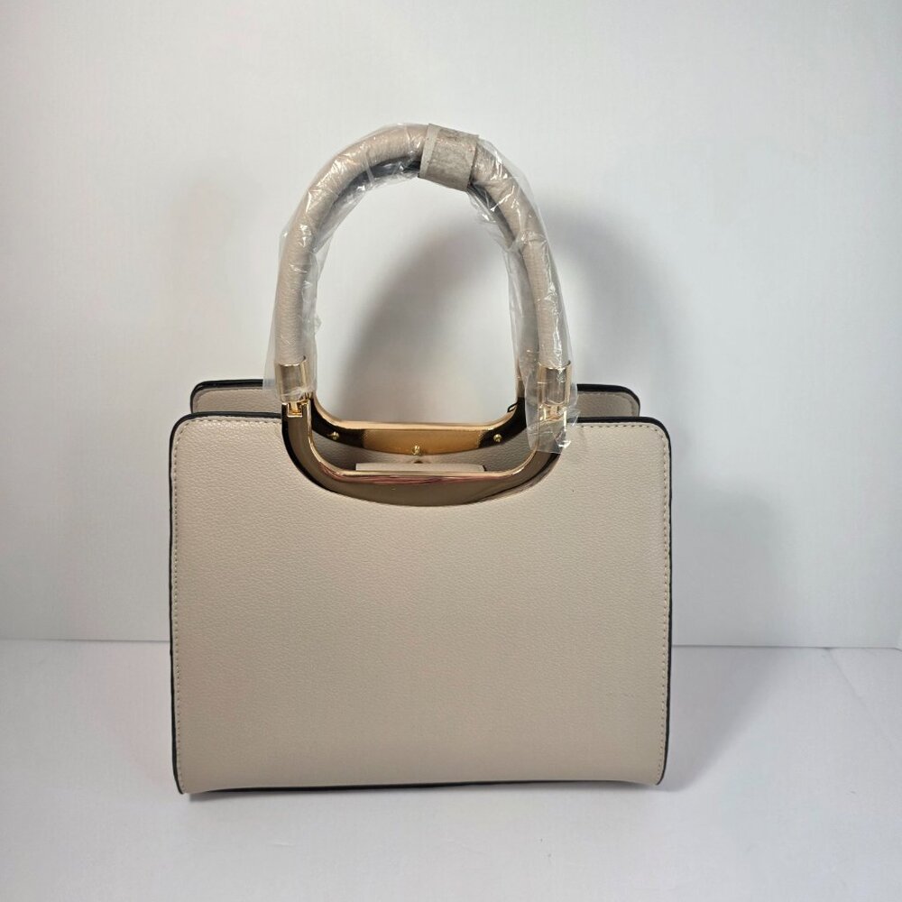 Badgley Mischka New York Top Handle Satchel Cream Gold Frame Structured Handbag - Picture 3 of 11